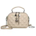 Beige Quilted Handbag PU Leather Crossbody Bag with Cute Bear Pendant and Chain Strap - Off White