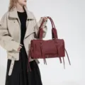 Retro motorcycle style women large capacity tote bag wine red PU leather shoulder bag - Red