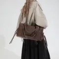 Retro motorcycle style brown tote bag with tassels and buckles for women autumn winter fashion - Coffee