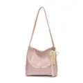 Chic pink patent leather shoulder bag for women, featuring elegant lace and pearl pendant. - Pink