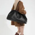 Bolso tote clásico de cuero encerado negro para mujer, gran capacidad para uso diario. - Negro