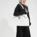 Bolso tote blanco de gran capacidad para mujer elegante retro de cuero encerado bolso de hombro - Blanco
