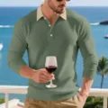 Men's casual long sleeve ribbed polo shirt with contrast collar for resort wear detail. - Light Green