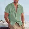 Men's solid color linen short sleeve casual lapel loose breathable summer shirt top. Stylish. - Olive
