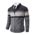 Men winter fleece knit cardigan detail showing colorblock texture zipper collar knitwear - M / Tops / Dark Gray