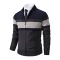 Men's colorblock knit cardigan jacket with stand collar and zipper, winter warm wear. - M / Tops / Navy Blue