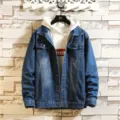 Herren Jeansjacke mit Kapuzensweatshirt falsche zweiteilige Vintage Waschung Freizeit Mantel - M / Oberteile / Dunkelblau