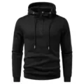 Men's casual black hooded sweatshirt with quarter zip and drawstring design for daily wear. - S / Tops / Black