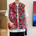 Men's Chinese traditional floral print vest vintage red sleeveless waistcoat streetwear - M / Tops / Red
