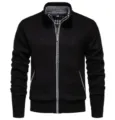Men's black knit zip cardigan jacket detail, showing collar, texture, and zipper craftsmanship. - M / Tops / Black