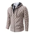 Men's fleece-lined hooded knit cardigan, brown diamond pattern, zipper closure, thick winter. - M / Tops / Off White