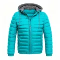 Detailed view of men's winter hooded puffer jacket in bright cyan with secure zipper and warm lining. - Light Blue