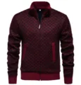 Cárdigan de punto ajustado para hombre con cuello alzado y cremallera, rojo y negro. - M / Tops / Burdeos