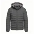 Men's winter casual hooded puffer jacket in dark gray with full zipper and warm fleece lining. - Gray