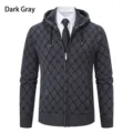 Men's dark gray hooded knit cardigan sweater with classic diamond pattern and zipper. - M / Tops / Dark Gray