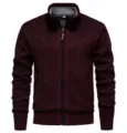 Detailed view of men's knitted zip cardigan, featuring textured fabric and stand collar. - M / Tops / Burgundy