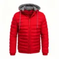 Men winter red hooded puffer jacket detail close up view, warm padded outerwear garment. - Bright Red