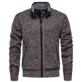 Mens winter warm knitted cardigan jacket casual stand collar fleece zip up sweater coat - Coffee