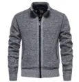 Mens textured knit cardigan sweater detail featuring stand collar and zip closure. - M / Tops / Light Gray