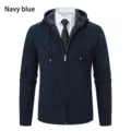 Men knit cardigan sweater detail, zipper hooded outerwear, diamond pattern texture, navy blue. - M / Tops / Navy Blue