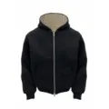 Gedetailleerd overzicht van zwarte hoodie met geruite voering en geribbelde boorden. - M / Tops / Hahnentritt Zwart