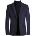 Men wool blazer detail view, classic lapel, navy blue fabric texture and double button close. - M / Tops / Navy Blue (J002)