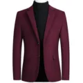 Men's burgundy wool blend blazer detail, classic lapel, slim fit casual suit jacket. - M / Tops / Wine Red (J002)