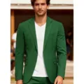 Men slim fit cotton linen suit jacket casual business stylish solid green blazer top - Green