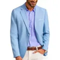 Men's light blue cotton linen slim fit casual blazer jacket for business and fashion wear. - Light Blue