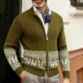 Men's olive green zip-up knit cardigan with vintage cable pattern and ethnic details. - M / Tops / Dark Brown