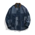 Retro Chinese style patchwork denim jacket for men with a warm corduroy collar design. - M / Tops / Blue