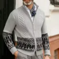 Men retro cable knit cardigan ethnic stand collar sweater detail view, cozy winter fashion apparel. - M / Tops / Light Gray