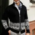Men's knit cardigan detail showcasing retro cable-knit texture and ethnic geometric pattern. - M / Tops / Black