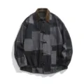 Mens vintage Chinese style patchwork denim jacket with corduroy lapel and frog buttons. - M / Tops / Black