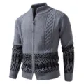 Men's gray knit cardigan sweater with full zip stand collar cable knit ethnic patterns - Dark Gray