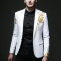Men's white slim fit suit jacket featuring elegant gold floral print for weddings. - M / Tops / White