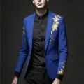 Men's Royal Blue Slim Fit Blazer Gold Floral Print Casual Suit Jacket for Wedding Party - M / Tops / Blue