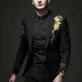 Details of the men's slim fit suit jacket featuring elegant gold floral print for wedding parties. - M / Tops / Black