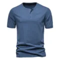 Men's blue short sleeve Henley t-shirt fabric detail and collar buttons close-up view. - Blue