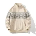 Men's half-zip fleece sweatshirt with Nordic snowflake pattern, cozy winter casual outerwear. - M / Tops / Khaki