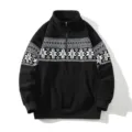 Men's winter fleece quarter-zip sweatshirt with Nordic snowflake print casual outdoor top - M / Tops / Black