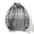 Grey fleece zip-up jacket detail, cozy Nordic snowflake pattern knit texture design. - M / Tops / Gray