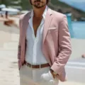 Men casual pink suit jacket slim fit stylish single breasted blazer for fashion daily wear. - XS / Tops / Pink