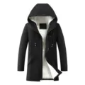 Close-up detail of the warm fleece-lined interior and hood for this men's winter hooded coat. - M / Tops / Black