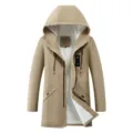 Detailed view of the men's winter hooded fleece-lined parka jacket, cozy warm design. - M / Tops / Khaki