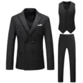 Costume homme noir trois pieces veste croisee gilet pantalon automne hiver vetement formel detail - M / Ensemble / Noir