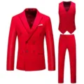 Costume homme rouge 3 pieces veste croisee gilet pantalon mariage fete vetement formel - M / Ensemble / Rouge