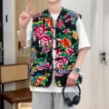Men vintage floral vest Chinese style traditional print waistcoat casual outerwear top - M / Tops / Black