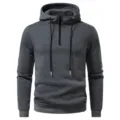 Men's dark grey quarter-zip hooded sweatshirt with black drawstrings and casual long sleeves. - S / Tops / Dark Gray