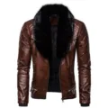 Heren winter bruine kunstlederen motorjas met pluche bontkraag en warme fleece voering. - S / Tops / koffiekleur